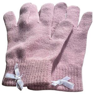 Soft Dusty Pink Knit Gloves Mittens w/White Bow Accent | One Size | Cozy Winter